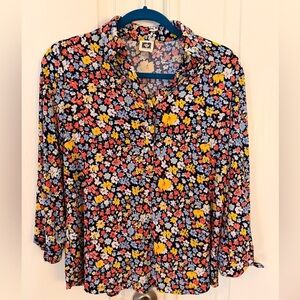 ANNE KLEIN M Black Mod Floral Blouse Top Multicolor